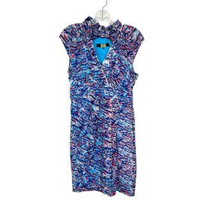 Eva Franco Womens Silk V Neck Cap Sleeve Dress Blue Red Abstract Print size 2